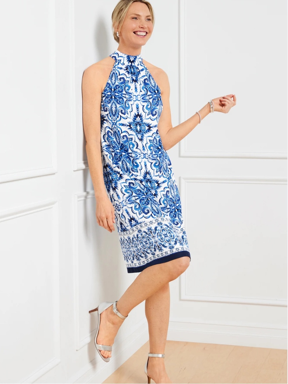 Talbots Blue and White Halter Neck Patterned Dress